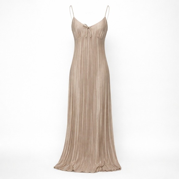 No Comment Dresses & Skirts - Y2K No Comment Babydoll Champagne Metallic Pleated Maxi Slip Dress L Fairy Glam